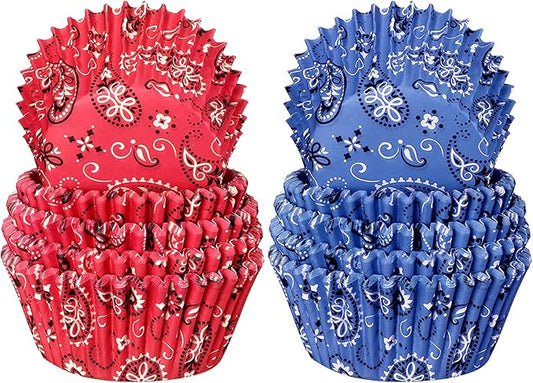 Zonon 200 Pieces Western Cowboy Cupcake Liners Red Blue Bandana Cupcake Wrappers Western Cowboy Birthday Party Supplies for Wedding Holiday Birthday Party Decorations