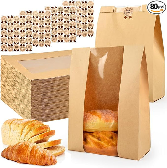 80 Pcs Bread Bags for Homemade, ROOKEA Sourdough Bread Bags with Window for Baked Paper Packaging with Sealing Stickers Bakery Cookie Food Snack Storage Large Kraft Paper 13.7x8.2x3.5 inch