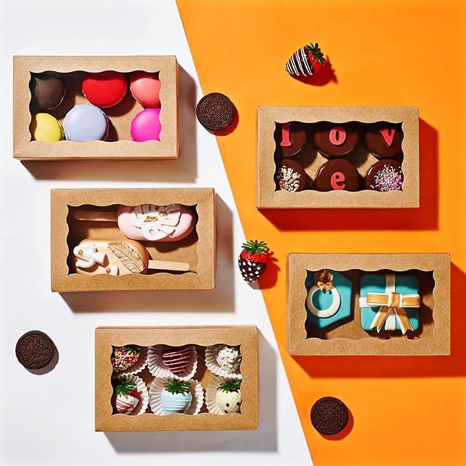 20PCS 7x4.3x1.5 Inch Brown Cookie Boxes with Window Bakery Boxes for Chocolate Truffle, Orec,Pastry Dount, Browine Soap &Treat Boxes for Party Favors Wedding Christmas Valentine's