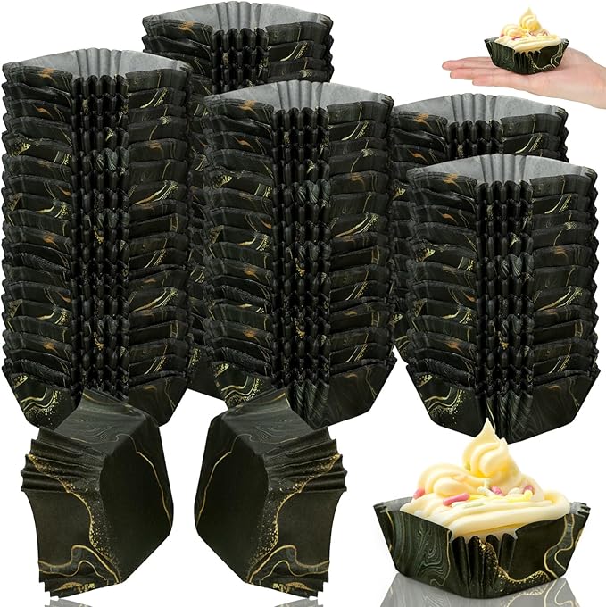 Tanlade 350 Pcs Square Mini Cupcake Liners Disposable Brownie Baking Pan Liners 1.77 Inch Paper Baking Cup for Cup and Cupcakes Party Supplies for Weddings Birthdays Bridal Showers(Black Marble)