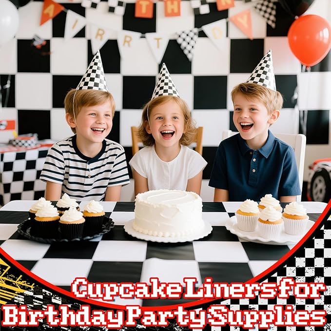 200PCS Black and White Cupcake Liners Mini Muffin Baking Cups Wrappers for Race Car Birthday Party Supplies Disposable Cupcake Papers for Black and White Soccer Party Decorations
