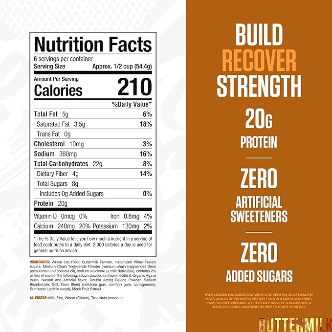 RYSE Loaded Protein Pancake & Waffle Mix - Buttermilk - Naturally Sweetened Breakfast with 21g Protein, 3g MCTs and 2g Fiber - No Added Sugar - High Protein Snack for Clean Energy - 6 Servings
