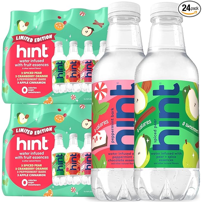 Hint Fruit-Infused Bottled Water, Winter Variety Pack - Sugar Free Flavored Water with Zero Calories, Naturally Flavored, and No Artificial Sweeteners - 16 Fl Oz (Pack of 24)