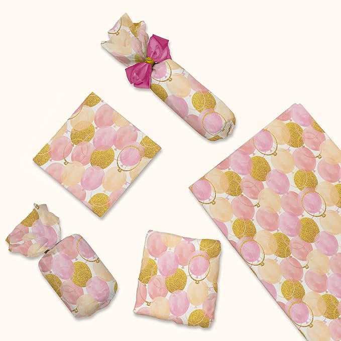 Pink and Gold Balloons Birthday Printed Tissue Paper for Gift Bags or Boxes and Wrapping - Bulk Decorative Art Tissue Paper for Packaging and Gifting | 24 Sheets 20" x 30"