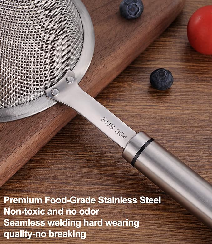 5.5inch 304 Stainless Steel Fine Mesh Strainer for Kitchen, Colander-Skimmer with Handle, Metal Sieves Sifters
