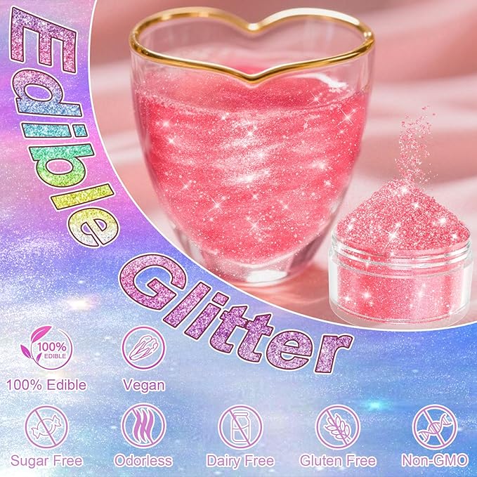 Edible Glitter for Drinks - 20 Glimmer Colors Luster Dust Edible, Food Grade Vegan Shimmering Cake Decorating Edible Glitter for Cocktail, Cakes, Chocolate, Strawberries, Beverage - 2g/bottle