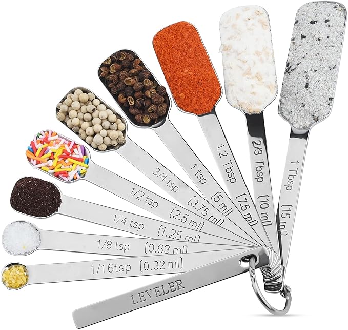 10-Piece Measuring Spoons Set, 18/8 Stainless Steel for Kitchen & Baking, Long Handle Metric & US for Spice Jar, 1/16tsp to 2/3tbsp