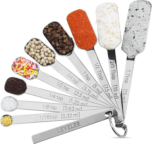 10-Piece Measuring Spoons Set, 18/8 Stainless Steel for Kitchen & Baking, Long Handle Metric & US for Spice Jar, 1/16tsp to 2/3tbsp