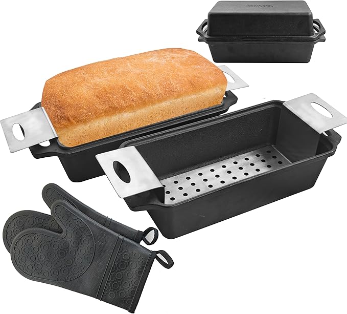 10.5x5 Inch Cast Iron Loaf Pan with Lid - 2.2 QT Durable Loaf Pans Rectangular Baking Pan Even Heat Distribution for home baking 2 Piece Set (Stainless steel grill mat 3-Piece set, Large)