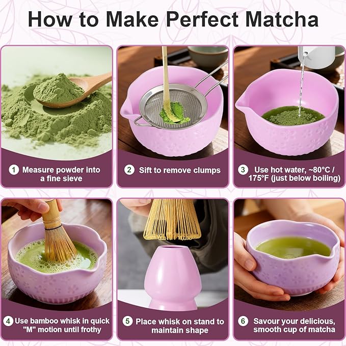 Matcha Set, 9 Pcs Ceramic Matcha Set Includes Bowl, Whisk and Holder, Bamboo Scoop, Scoop Rest, Sifter and Tea Towel ect- Complete Kit for Traditional Matcha, Modern Lattes (Purple)