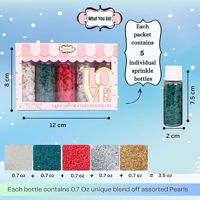 Confect Christmas Sprinkles | White, Red, Silver, Gold & Holly Green Mix | Edible Holiday Sprinkles for Cakes, Cupcakes & Cookies | Festive Baking Decorations-5 Oz