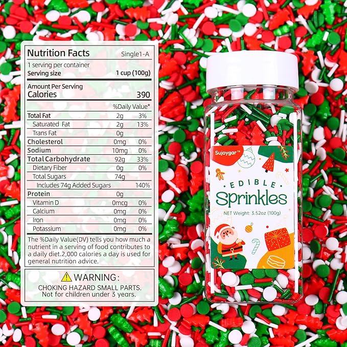 Christmas Sprinkles for Cake Decorating, 3.52oz Edible Red Green Sprinkles for Cupcake Toppers Baking Cookie Ice Cream Dount Chocolate Christmas Party