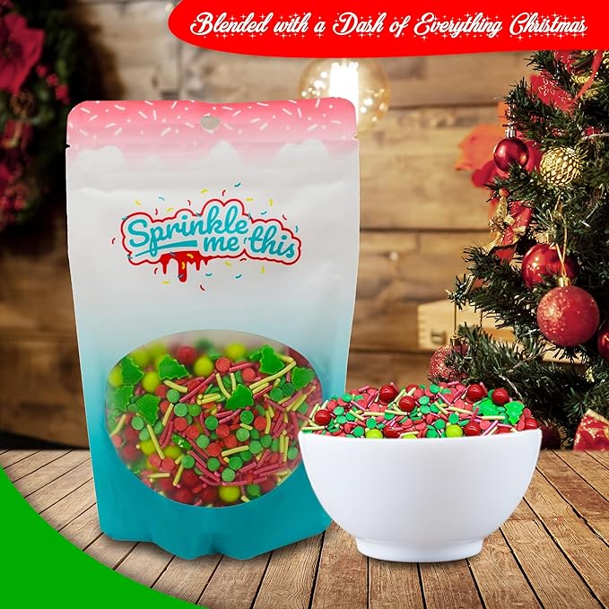 The Gift of Christmas - 4 Oz Resealable Bag - Christmas Themed Sprinkle Mix - Featuring Red and Green Jimmies, Christmas Tree Quins, Red and Green Pearls, and More - Ice Cream and Cake Sprinkles