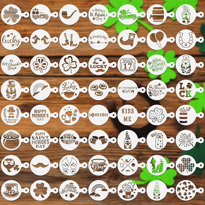 56 Pcs Reusable St Patrick's Day Cookie Stencils Small Shamrock Cookie Templates for Holiday Baking Dessert Painting Irish Party Decoration Coffee Art Face Painting Kitchen Baking Accessories