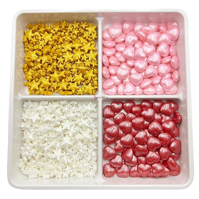 SE Si&Moos White and Gold Star Candy Red and Pink Heart Sprinkles Star and Heart Cake Decorations Edible Stars Valentine Sprinkles for Cakes, Cupcakes, Cookies, Shower Party Birthday Holiday Supplies 3.5 OZ