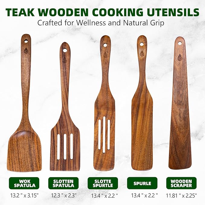 5 PCS Wooden Spatula for Cooking, Natural Teak Wooden Utensil Set, Non-Toxic Wood Cooking Utensil, Handmade Comfort Grip Wood Spoons for Nonstick Cookware