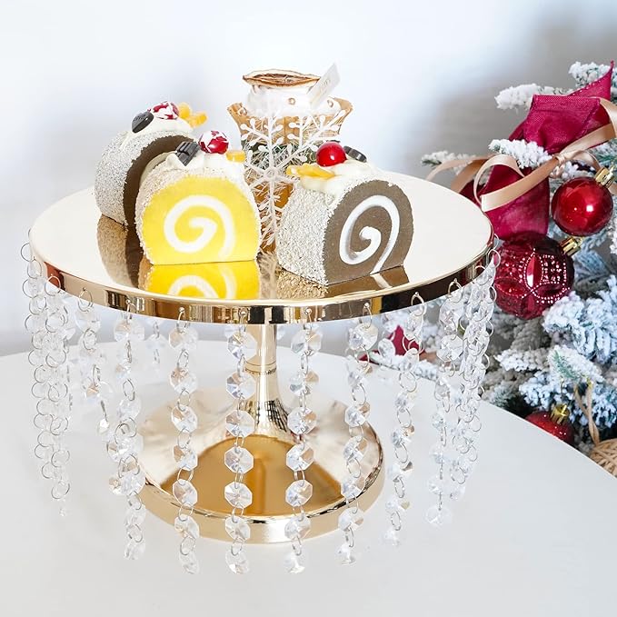 LANLONG Cake Stand for Dessert Table 10 Inch Gold Crystal Pendants Metal Cake Stand Serves as A Round Dessert Cupcake Display Plate for Table, Wedding, Party, Event