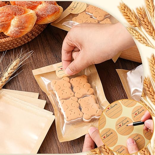 Outus 100 Pcs Cookie Packaging Bags with Seal, 4 x 6 Inch Bakery Pastry Bags with Window, Heat Sealable Grease Resistant Paper to Go Bake Sleeves for Gift Giving Donut Bread Sandwich (Brown)