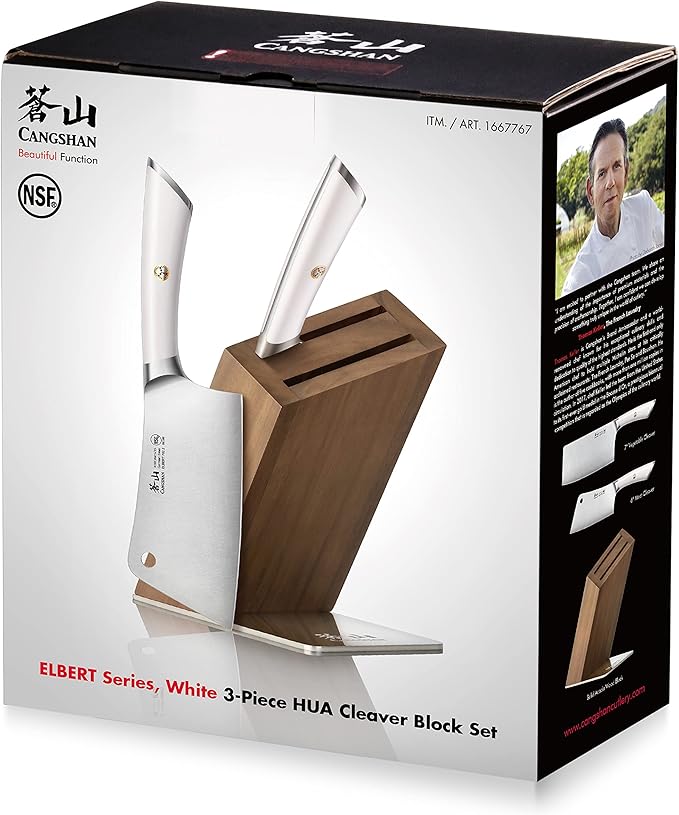 Cangshan ELBERT Series German Steel Forged Cleaver Knife Block Sets, Acacia (3-Piece, White)