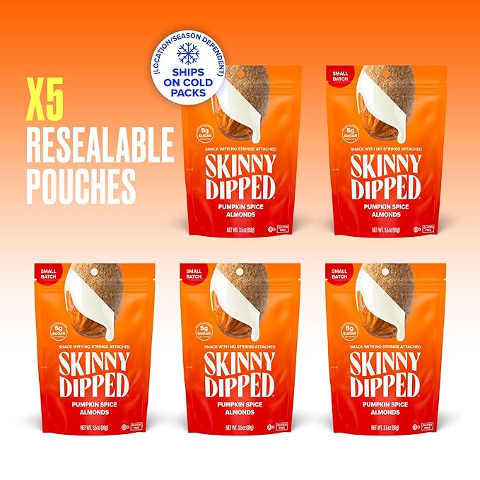 SkinnyDipped Pumpkin Spice Almonds, Healthy Snack, Plant Protein, Gluten Free, 3.5 oz Resealable Bags, Pack of 5