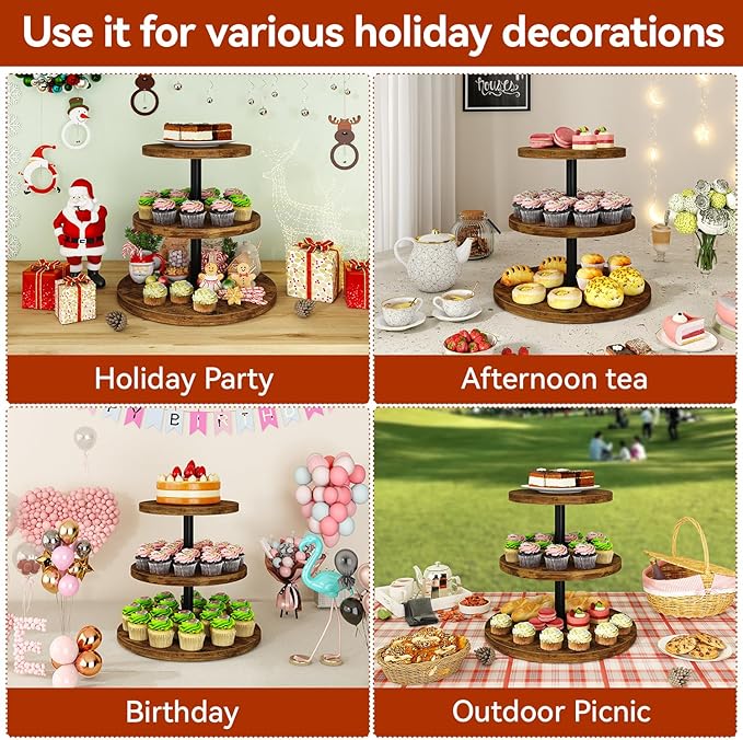 IBUYKE 3 Tier Cupcake Stand,Wood Durable Cupcake Tower,Round Serving Display Stand,Dessert Table Display Tree Tower for Birthday,Home Party, Wedding, Baby Shower,Rustic Brown UTLJ017H