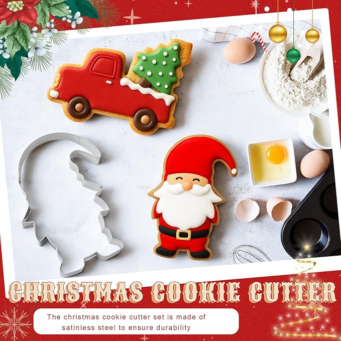 2 Pcs Large Christmas Cookie Cutters 8" Extra Large Truck and Gnome Stainless Steel Giant Cookie Cutter for Holiday Baking