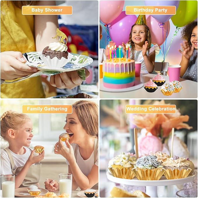 200 PCS Baking Cups Cupcake Liner Flared Brioche Standard Muffin Wrappers Greaseproof Coated Paper Cup for Wedding Birthday Holiday Party or Baby Shower (Gold+White)