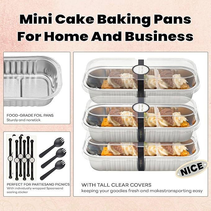50 PACK Mini Cake Pans with Lids and Spoons, Rectangular Aluminum Foil Bread Pan, Mini Loaf Pans and Food Containers with Lids(Silver, 6.8oz)