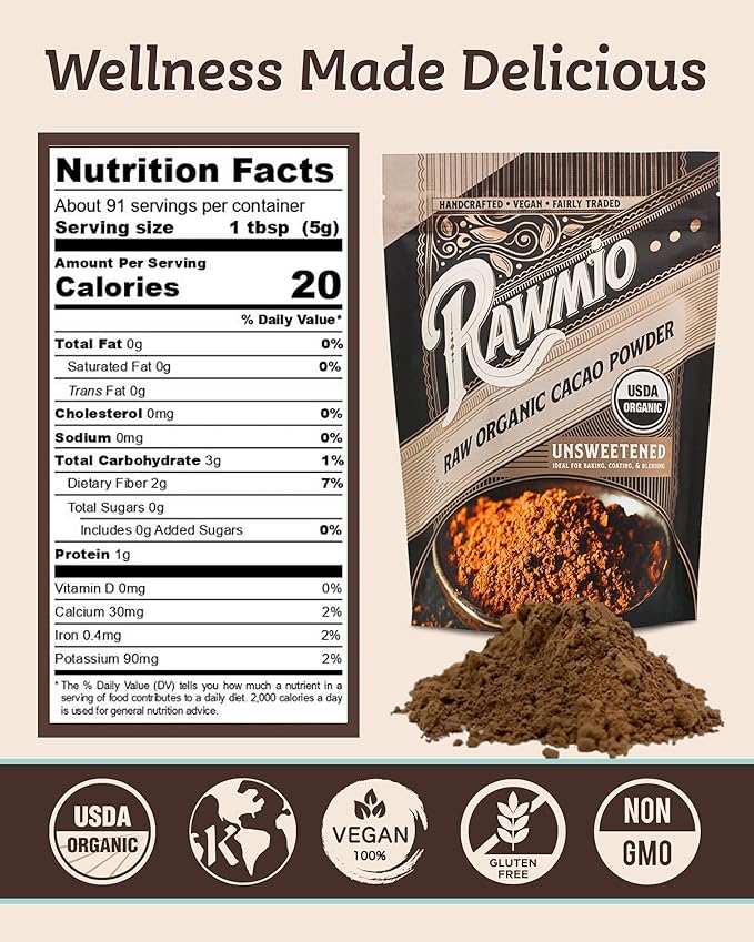 Rawmio Raw Organic Cacao Powder - Nutrient-Dense with Dietary Fiber, Iron, & Calcium - Rich & Creamy Raw Cacao for Drinking or Baking - Organic Cocoa Powder Alternative - 16 oz, Pack of 1