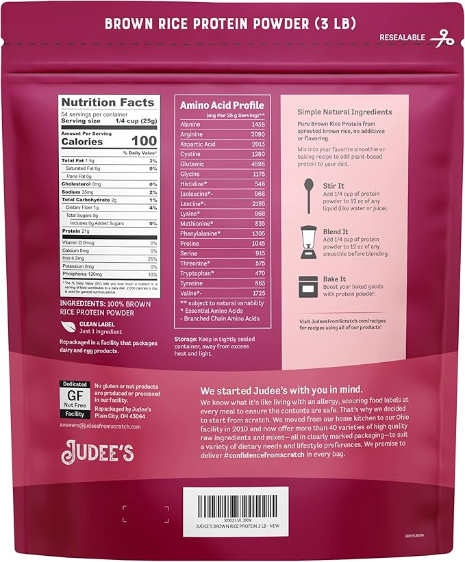 Judee's Gluten Free Brown Rice Protein Powder - Sprouted Rice Formula - Keto-Friendly Plant-Based Nutrition - Dairy & Soy-Free Shake Base - 3 lb, Unflavored, Pack of 1
