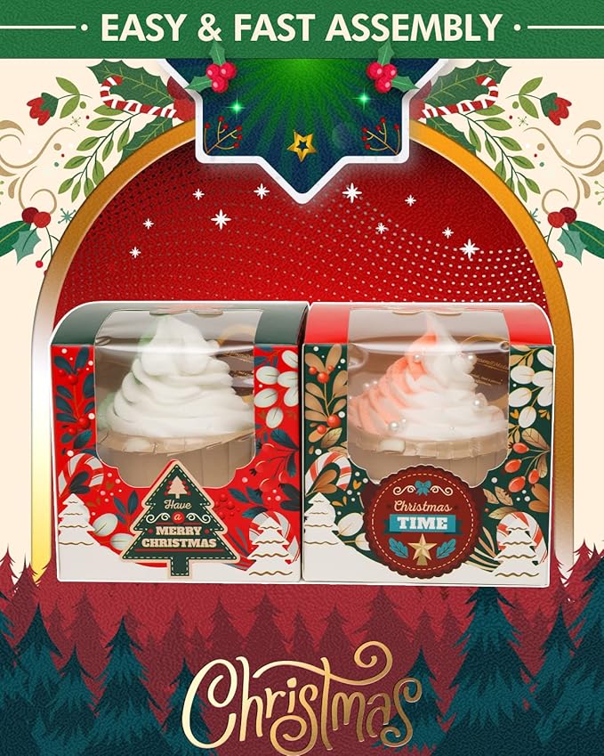 qiqee Christmas Cupcake Boxes 60pcs 3.5x 3.5x3.5 inch Auto-Popup Single Cupcake Container for Christmas(60 Boxes+60 Inserts)