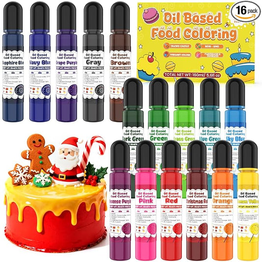 Oil Based Food Coloring for Chocolate - 16 Colors Concentrated Oil Food Dye, Food Grade Dye Set for Melting Chocolate, Candy Melts, Icing Frosting, Fondant, Cake Decorating, Baking, Cookies - 0.35 Fl.Oz/Bottles