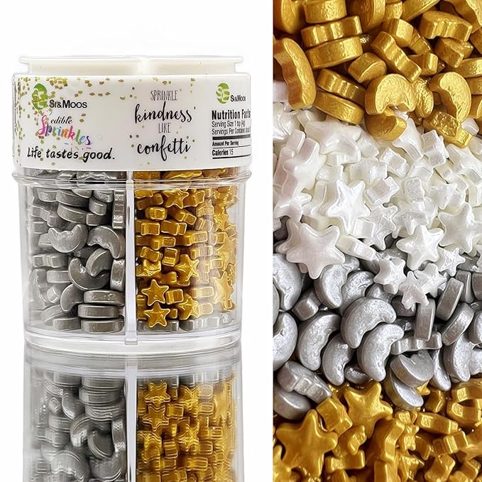 SE Si&Moos Moon and Star Candy Decorations Edible Gold and White Star Sprinkles Gold and Silver Moon Sprinkles for Cakes, Cupcakes, Cookies, Shower Party Birthday Holiday Supplies 3.5 OZ