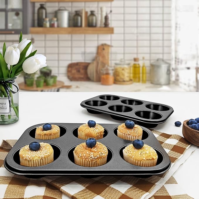 Satax Muffin Pan for Baking, Nonstick Cupcake Tin 6 Cup,sets of 2,Heavy Duty Steel Muffin Pan (Black, 6-cup)
