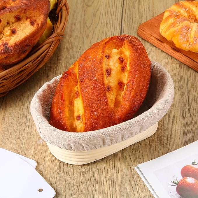 Gejoy Oval Banneton Bread Proofing Basket Set of 8, Sourdough Bread Baking Bowl Kit with Cloth Liners and Dough Scrapers Natural Rattan Banneton Sourdough Bowl Basket for Bakers(8 Inch)
