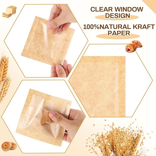 Outus 100 Pcs Cookie Packaging Bags with Seal, 3 x 3 Inch Bakery Pastry Bags with Window, Heat Sealable Grease Resistant Paper to Go Bake Sleeves for Gift Giving Donut Bread Sandwich (Brown)