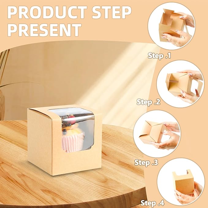 ihomecooker 25 Pcs Single White Cupcakes Containers Gift Boxes with Window Inserts Handle for Wedding Candy Boxes (25P-Brown)