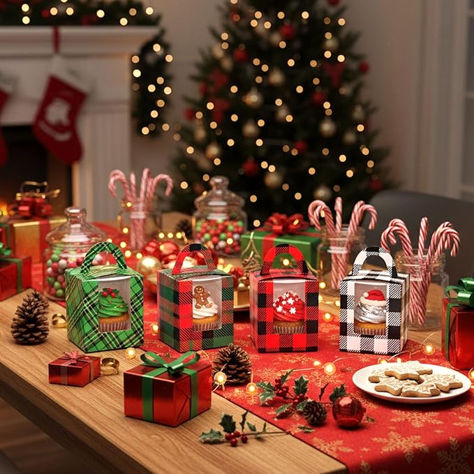 20PCS Christmas Cupcake Boxes, Cookie Boxes with Window Insert Handle Plaid Bakery for Christmas Muffin Pastry Treat Gift Party Favors 3.7" x 3.7" x 4.3"