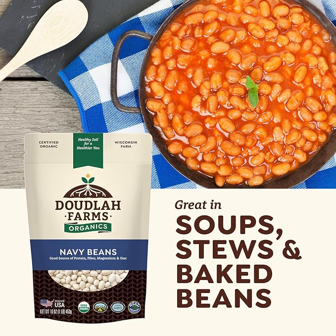 Organic Navy Beans 25 lb Bulk - Non-GMO, USDA Organic, Tested Clean Certified, Vegan - Rich in Fiber & Protein for Soups, Burritos, Salads & Chili - Grown In USA, Farmed From Regenerative Soil by Doudlah Farms