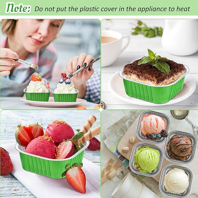 Aoriher 300 Pieces 10 oz Mini Cake Pans with Lids, Aluminum Foil Baking Cups, Square Disposable Cupcake Cups Baking Tins for Wedding Birthday Party Supplies(Green)