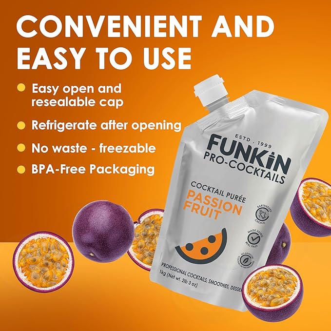 Funkin Fruit Puree | Real Fruit, Simple Ingredient, Natural Mixer for Cocktails, Drinks, Smoothies | Vegan, Non-GMO, Gluten-Free (2.2 lbs) (Passion Fruit)
