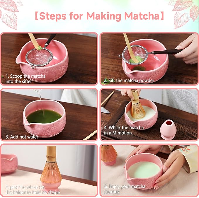 7 Pcs Matcha Whisk Set, Ceremony Matcha Kit with Matcha Bowl, Bamboo Whisk and Holder, Scoop and Scoop Rest, Sifter and Tea Towel, Gift for Matcha Lovers (Pink/Cherry Blossom-Patterned)