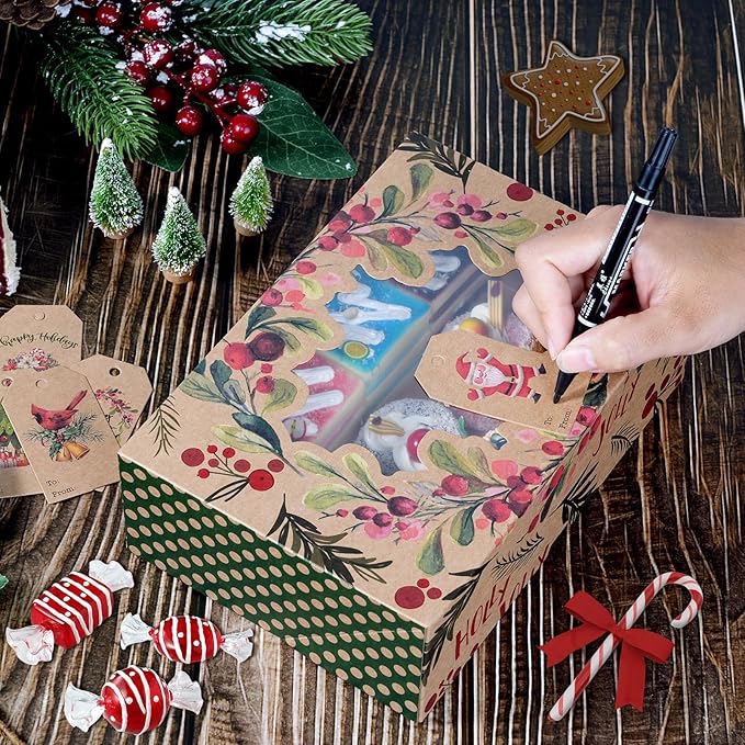48 Christmas Cookie Boxes, Bulk Large Christmas Kraft Paper Treat Boxes with Tags & Ribbons, 6 Styles Holiday Cookie Boxes for Gift Giving, Xmas Cookie Tins with Lids for Cake, Bakery, Donuts
