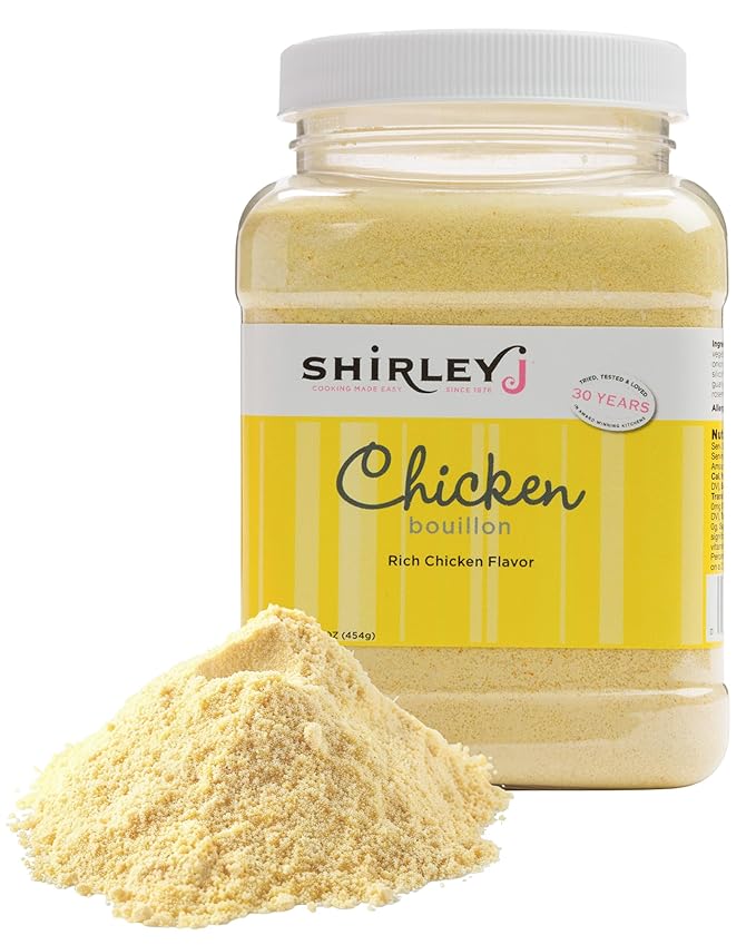Shirley J Bouillon Powder - Rich, Concentrated, & Less Sodium Chicken Bouillon - Easy to Use Powder for Soup, Stew, Gravy, & More (1 LB, Chicken)
