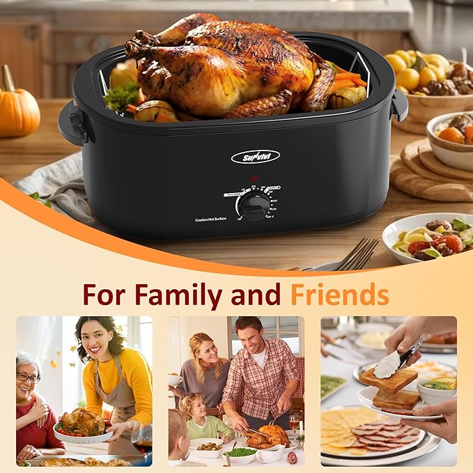 Sunvivi Electric Roaster, 24 Quart Electric Roaster Oven with Self-Basting Lid, Turkey Roaster Oven Buffet with Removable Pan, Cool-Touch Handles, Black
