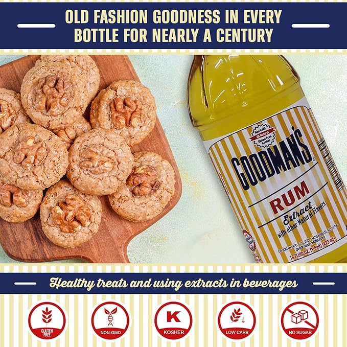 Goodman's Natural Rum Extract - Gluten-free, Non-GMO, Kosher, Low Carb & Low Calorie, Low Alcohol, No Artificial Color, No Animal Products, No Sugar - Rich Flavor for Baking & Mocktails - 1 Pint