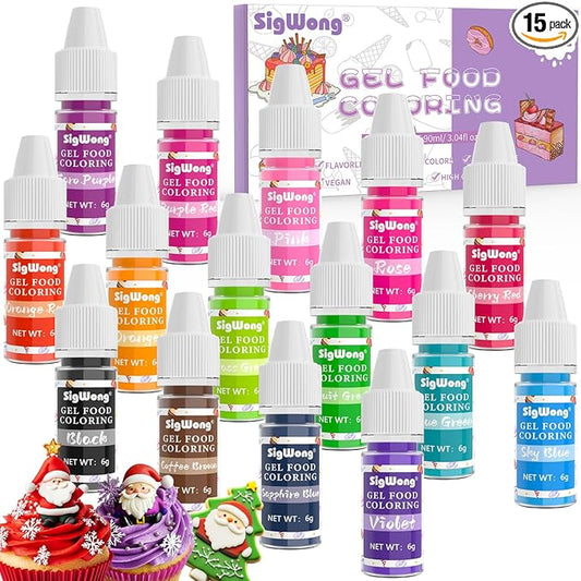 Gel Food Coloring - 15 Colors Flavorless Gel Based Food Color Dye, Vibrant Edible Concentrated Food Coloring for Cake Cookie Decorating, Easter Egg, Icing, Fondant, Christmas Baking, Macaron (6g/Bottle) - Vegan