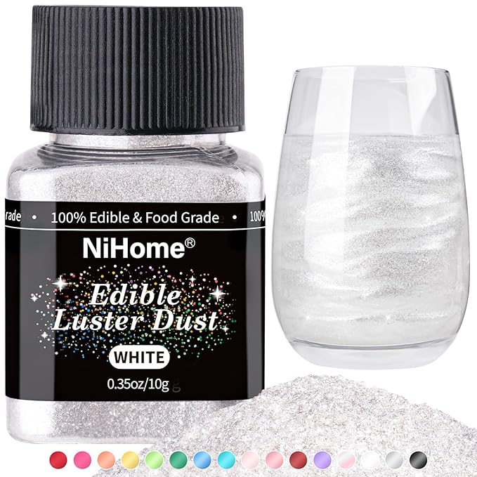 NiHome Edible Food-Grade Glitter Powder Glimmer Luster Dust Metallic Fancy Food Decorating Sprinkle Glimmery Dust for Drink Wine Beverage Cake Dessert Home Bakery Vegan Allergen-Free (White, 10g)