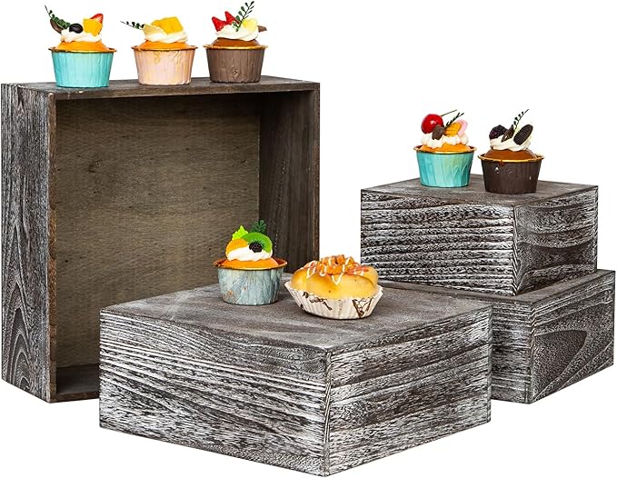 Vintage Brown Square Wooden Cake Stands For Display,Set Of 4 Wood Cupcake Stands Risers, 12 Inches Rustic Wood Crates For Wedding Cake Display,Square Wooden Display Risers For Home Decor . (Vintage Black)