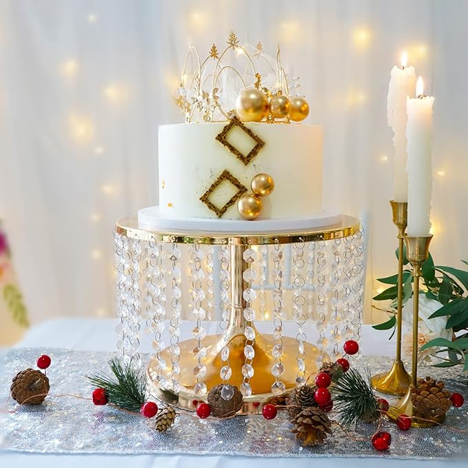 LANLONG Cake Stand for Dessert Table 12 Inch Gold Crystal Pendants Metal Cake Stand Serves as A Round Dessert Cupcake Display Plate for Table, Wedding, Party, Event